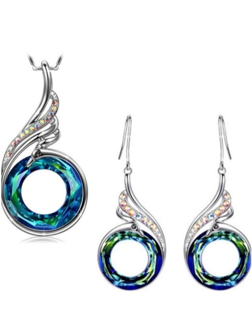 Silver-Tone Necklace & Earring Set with Blue-Green Crystal Rings
